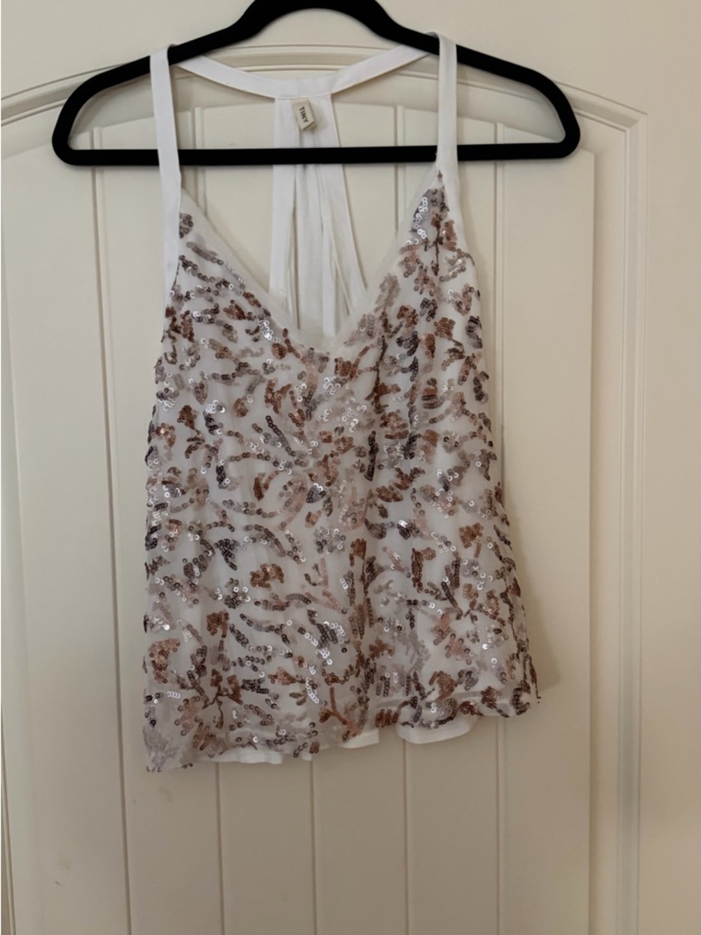 White Sequin-Embellished Tank Top with Rose Gold Accents